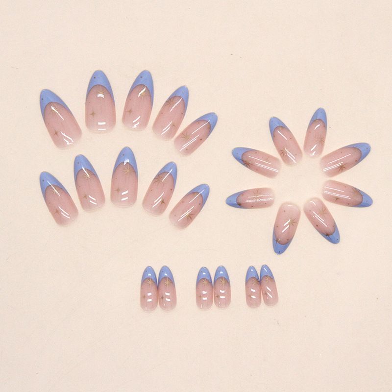 24pcs French Tip Almond  Wearable Fake Nails Reusable Stick On Nails Press on Full Cover False Nail Tips with Jelly Stickers Makeup Accessories Star Style view 8