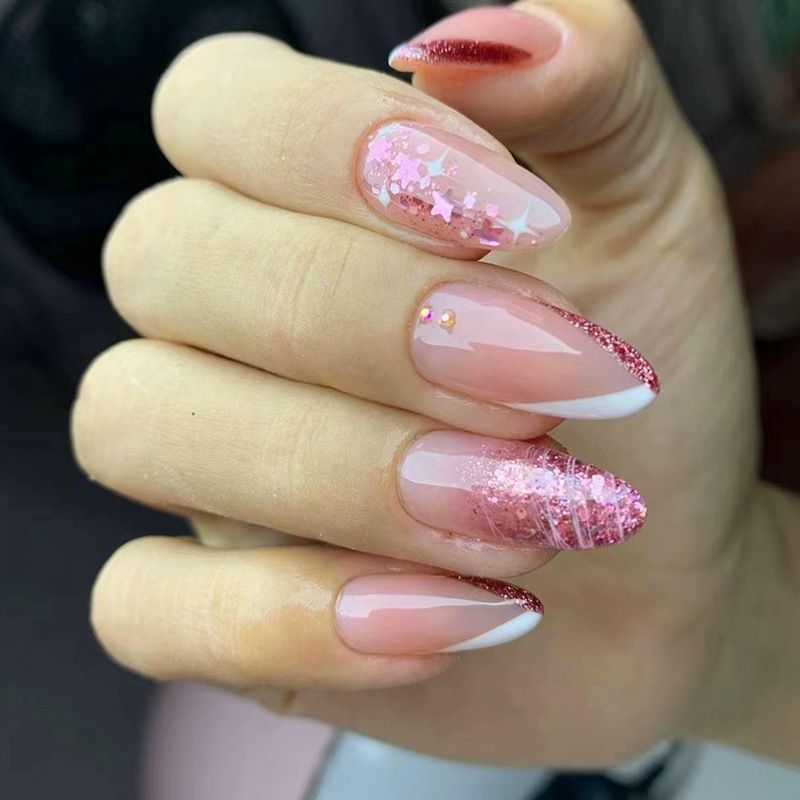 24pcs French Tip Almond  Wearable Fake Nails Reusable Stick On Nails Press on Full Cover False Nail Tips with Jelly Stickers Makeup Accessories Star Style view 3