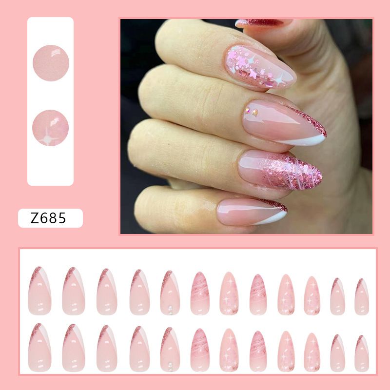 24pcs French Tip Almond  Wearable Fake Nails Reusable Stick On Nails Press on Full Cover False Nail Tips with Jelly Stickers Makeup Accessories Star Style view 9
