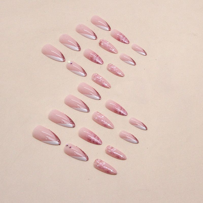 24pcs French Tip Almond  Wearable Fake Nails Reusable Stick On Nails Press on Full Cover False Nail Tips with Jelly Stickers Makeup Accessories Star Style view 10