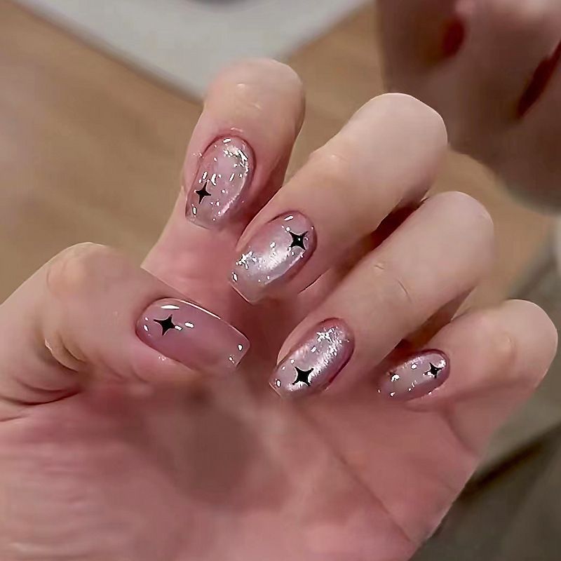 30pcs Square Wearable Fake Nails Reusable Stick On Nails Press on Full Cover False Nail Tips with Jelly Stickers Makeup Accessories Cat Eye Manicure