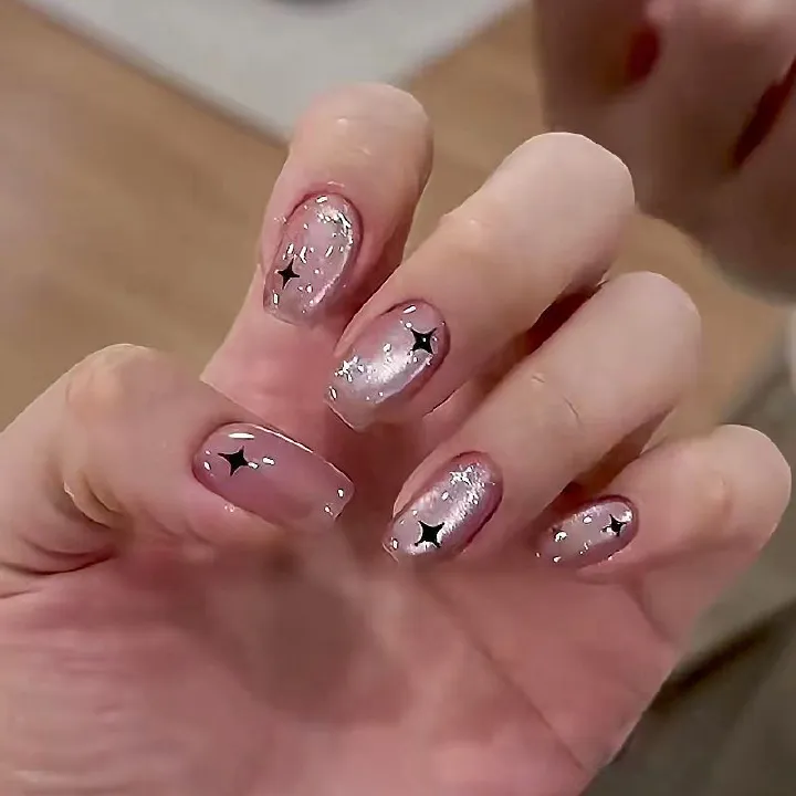 30pcs Square Wearable Fake Nails Reusable Stick On Nails Press on Full Cover False Nail Tips with Jelly Stickers Makeup Accessories Cat Eye Manicure