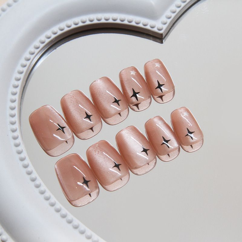 30pcs Square Wearable Fake Nails Reusable Stick On Nails Press on Full Cover False Nail Tips with Jelly Stickers Makeup Accessories Cat Eye Manicure