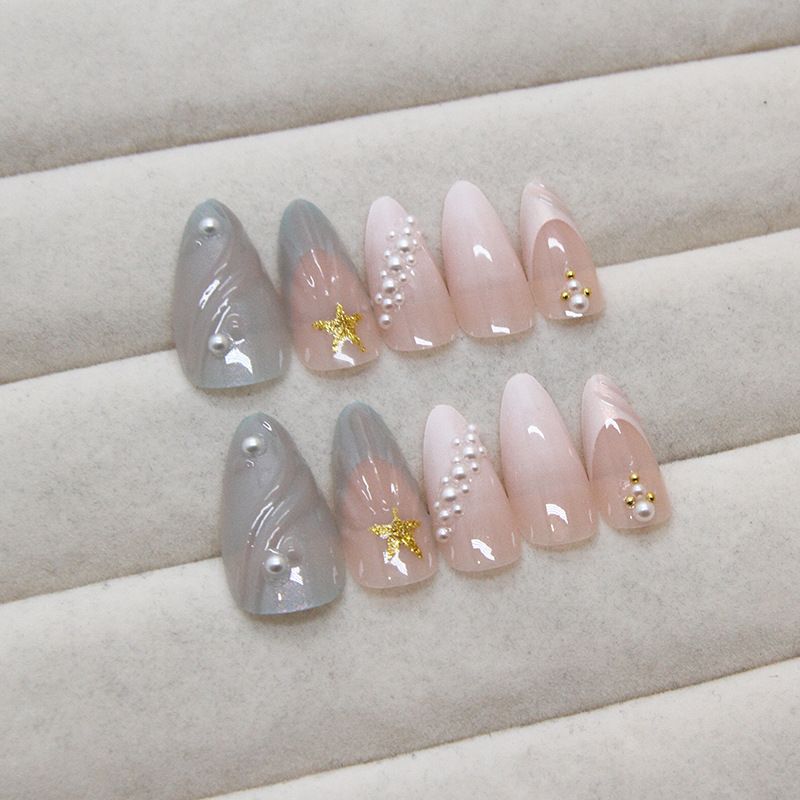 24pcs Almond  Wearable Fake Nails Reusable Stick On Nails Press on Full Cover False Nail Tips with Jelly Stickers Makeup Accessories Ocean Style view 5