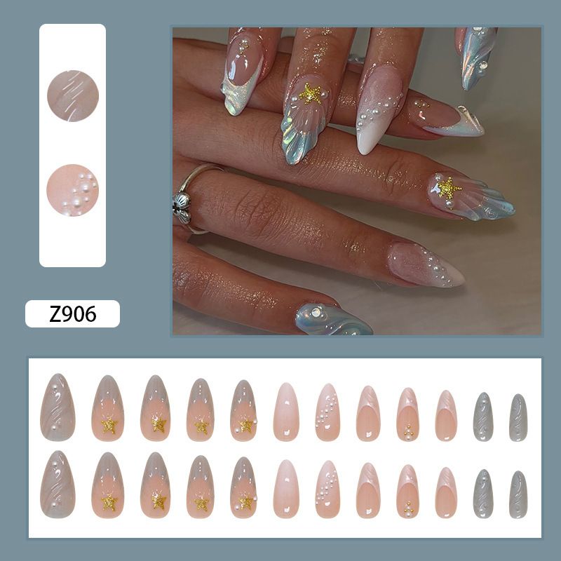 24pcs Almond  Wearable Fake Nails Reusable Stick On Nails Press on Full Cover False Nail Tips with Jelly Stickers Makeup Accessories Ocean Style view 4