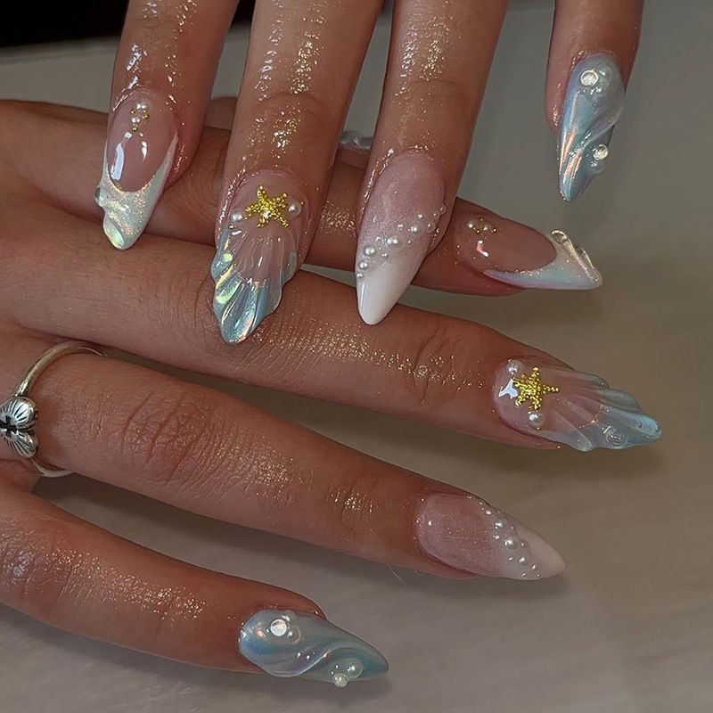 24pcs Almond  Wearable Fake Nails Reusable Stick On Nails Press on Full Cover False Nail Tips with Jelly Stickers Makeup Accessories Ocean Style