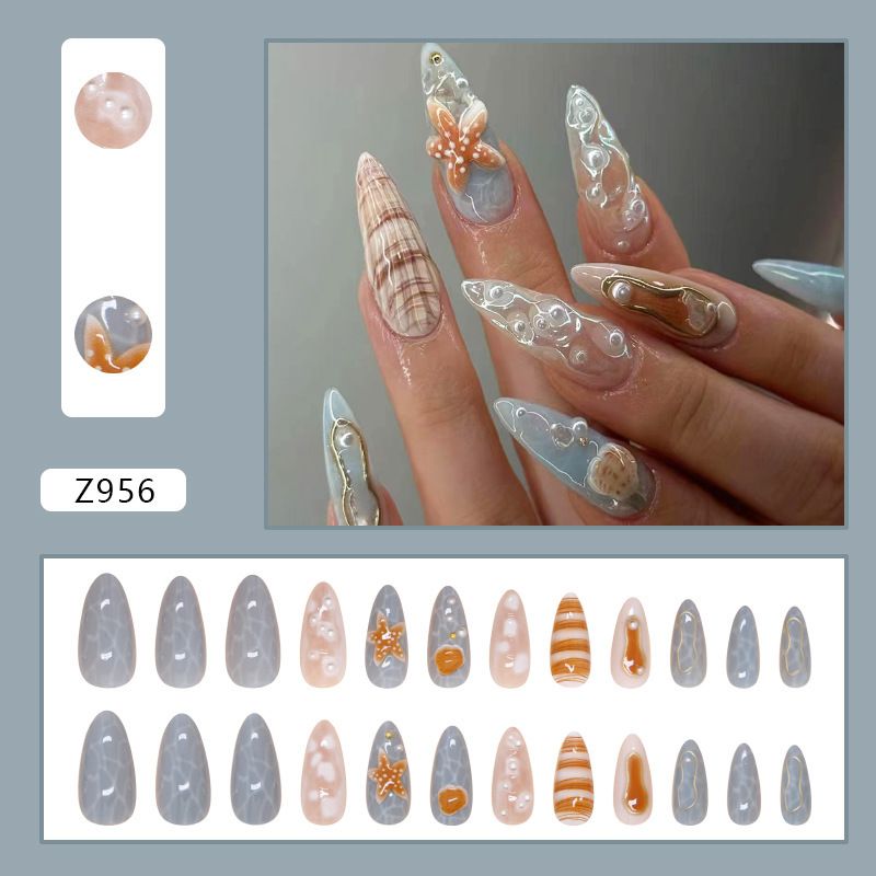 24pcs Almond  Wearable Fake Nails Reusable Stick On Nails Press on Full Cover False Nail Tips with Jelly Stickers Makeup Accessories Ocean Style view 6