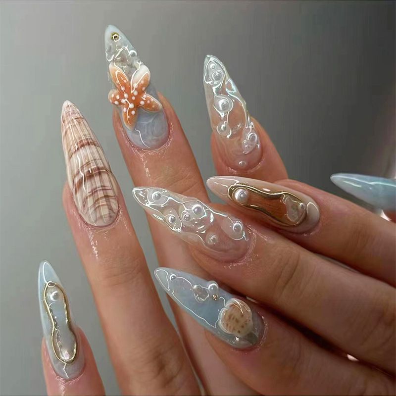 24pcs Almond  Wearable Fake Nails Reusable Stick On Nails Press on Full Cover False Nail Tips with Jelly Stickers Makeup Accessories Ocean Style view 2