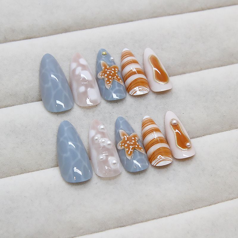 24pcs Almond  Wearable Fake Nails Reusable Stick On Nails Press on Full Cover False Nail Tips with Jelly Stickers Makeup Accessories Ocean Style view 7