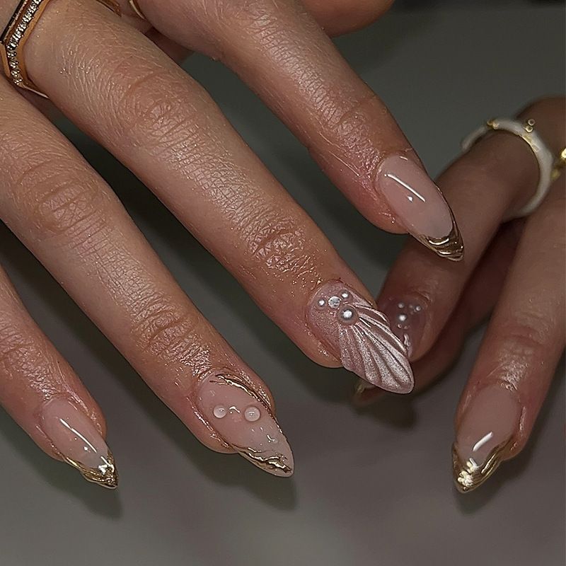 24pcs Almond  Wearable Fake Nails Reusable Stick On Nails Press on Full Cover False Nail Tips with Jelly Stickers Makeup Accessories Ocean Style view 3