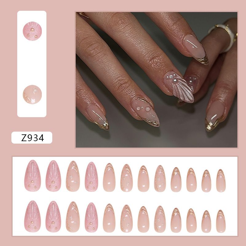24pcs Almond  Wearable Fake Nails Reusable Stick On Nails Press on Full Cover False Nail Tips with Jelly Stickers Makeup Accessories Ocean Style view 8