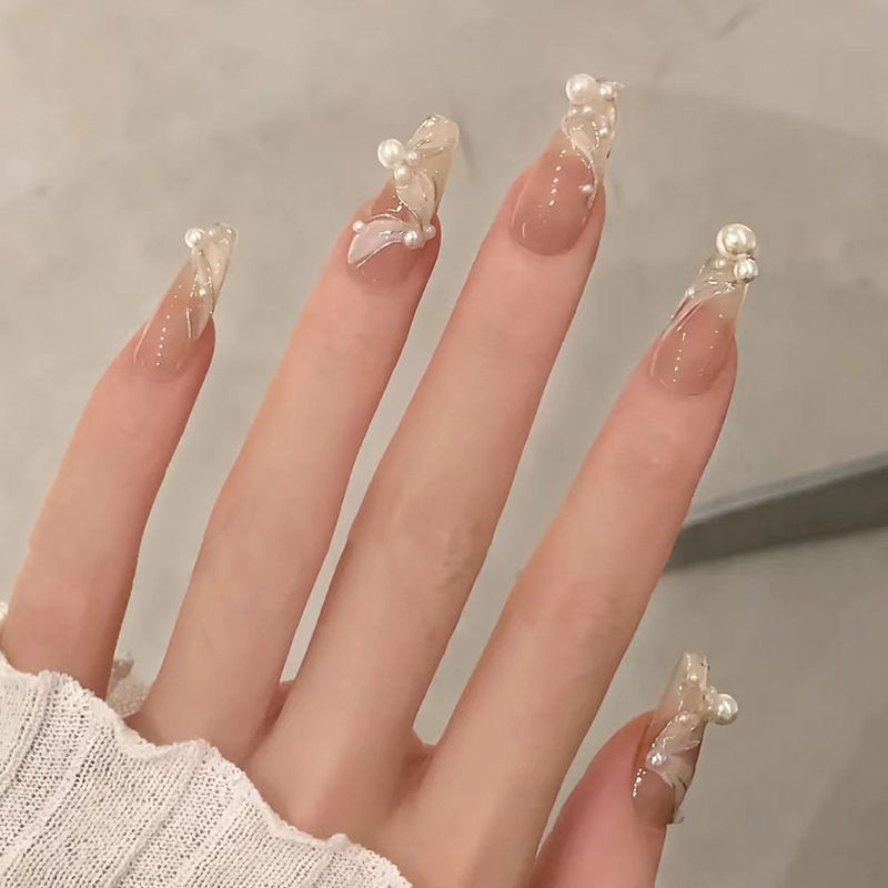 24pcs Ballerina Wearable Fake Nails Reusable Stick On Butterflly Rose Nails Press on Full Cover False Nail Tips with Jelly Stickers Makeup Accessories Pink