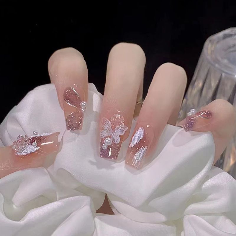 24pcs Ballerina Wearable Fake Nails Reusable Stick On Butterflly Rose Nails Press on Full Cover False Nail Tips with Jelly Stickers Makeup Accessories Pink view 2
