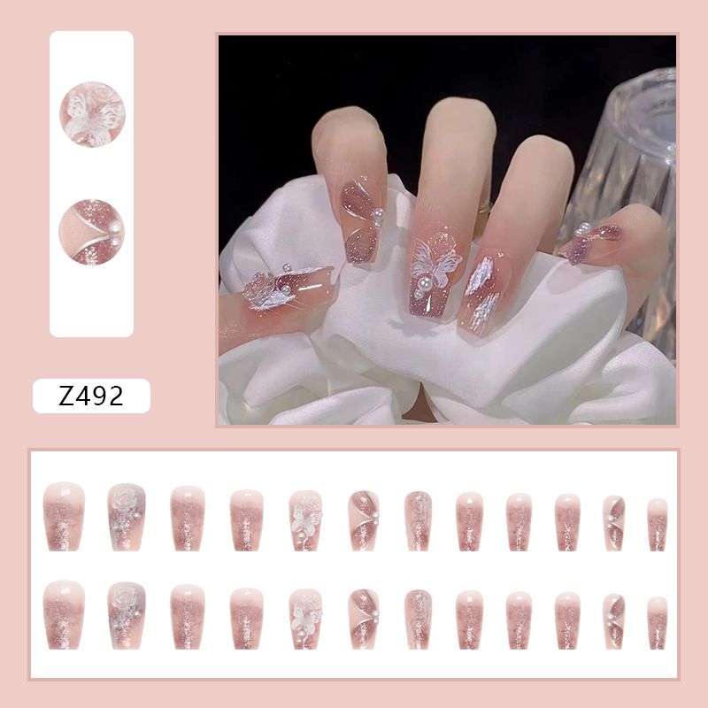 24pcs Ballerina Wearable Fake Nails Reusable Stick On Butterflly Rose Nails Press on Full Cover False Nail Tips with Jelly Stickers Makeup Accessories Pink view 7