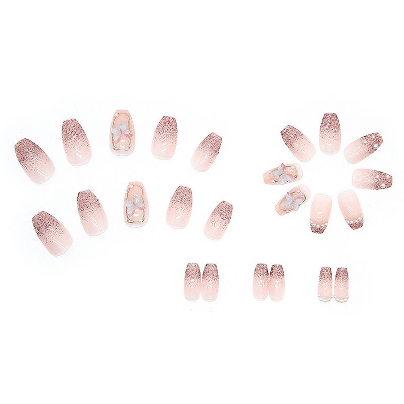24pcs Ballerina Wearable Fake Nails Reusable Stick On Butterflly Rose Nails Press on Full Cover False Nail Tips with Jelly Stickers Makeup Accessories Pink view 10