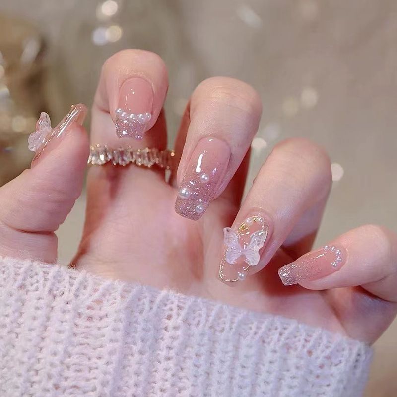24pcs Ballerina Wearable Fake Nails Reusable Stick On Butterflly Rose Nails Press on Full Cover False Nail Tips with Jelly Stickers Makeup Accessories Pink view 3