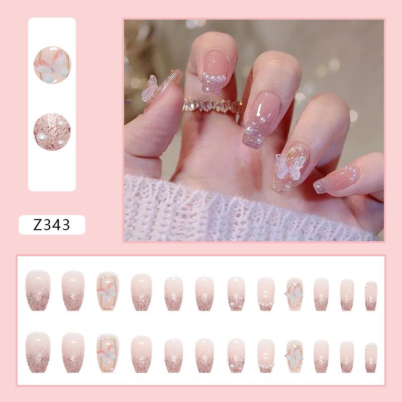 24pcs Ballerina Wearable Fake Nails Reusable Stick On Butterflly Rose Nails Press on Full Cover False Nail Tips with Jelly Stickers Makeup Accessories Pink view 9