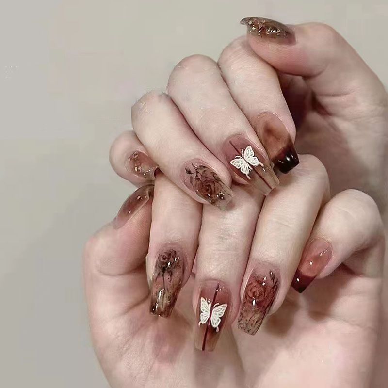 24pcs Ballerina Wearable Fake Nails Reusable Stick On Butterflly Rose Nails Press on Full Cover False Nail Tips with Jelly Stickers Makeup Accessories Brown