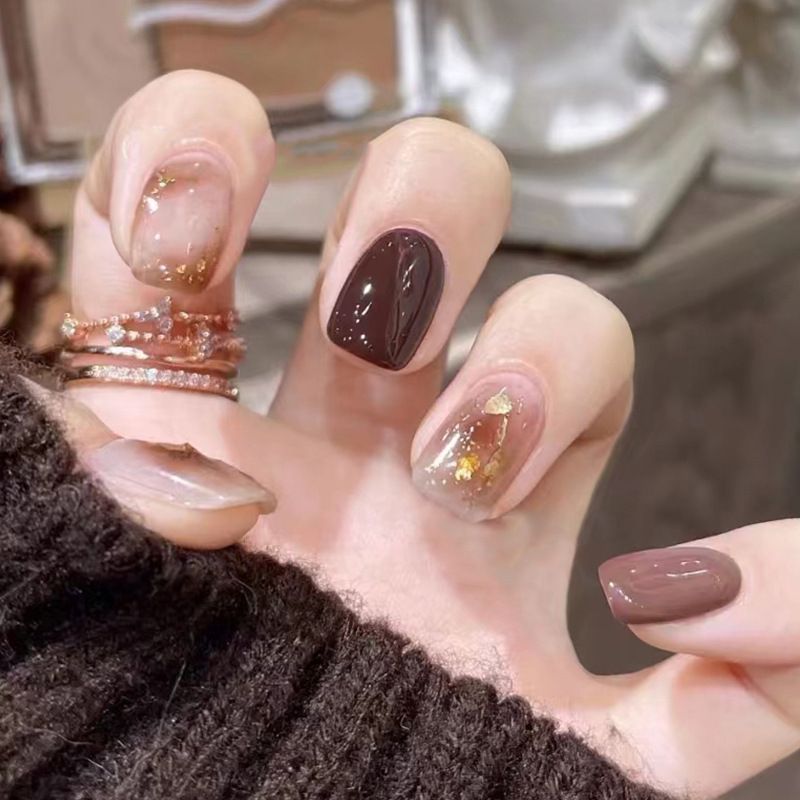 NEW 24pcs Square Wearable Fake Nails Reusable Stick On Nails Press on Full Cover False Nail Tips with Jelly Stickers Makeup Accessories Brown Color