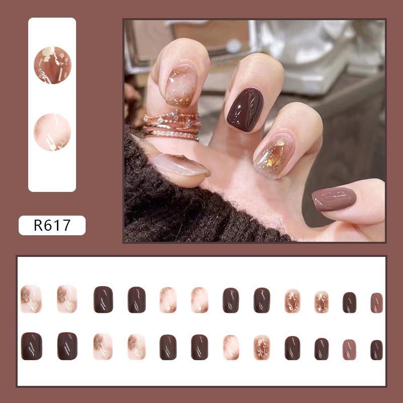 NEW 24pcs Square Wearable Fake Nails Reusable Stick On Nails Press on Full Cover False Nail Tips with Jelly Stickers Makeup Accessories Brown Color view 4
