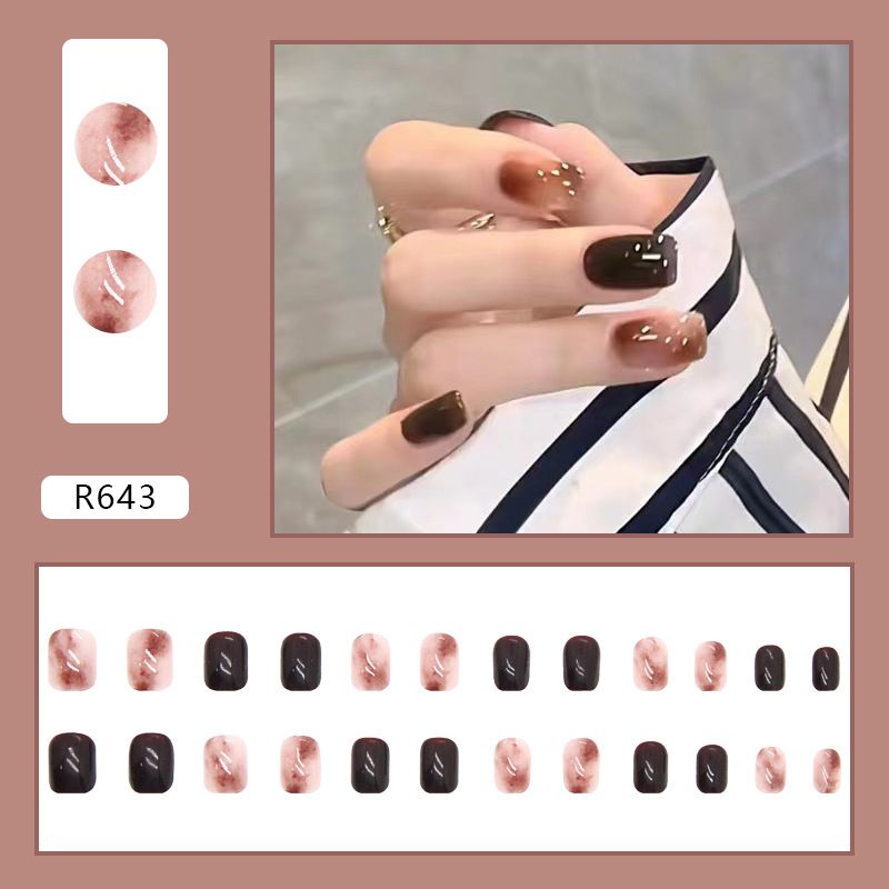 NEW 24pcs Square Wearable Fake Nails Reusable Stick On Nails Press on Full Cover False Nail Tips with Jelly Stickers Makeup Accessories Brown Color view 6