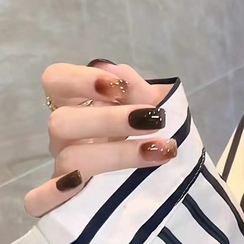 NEW 24pcs Square Wearable Fake Nails Reusable Stick On Nails Press on Full Cover False Nail Tips with Jelly Stickers Makeup Accessories Brown Color view 2