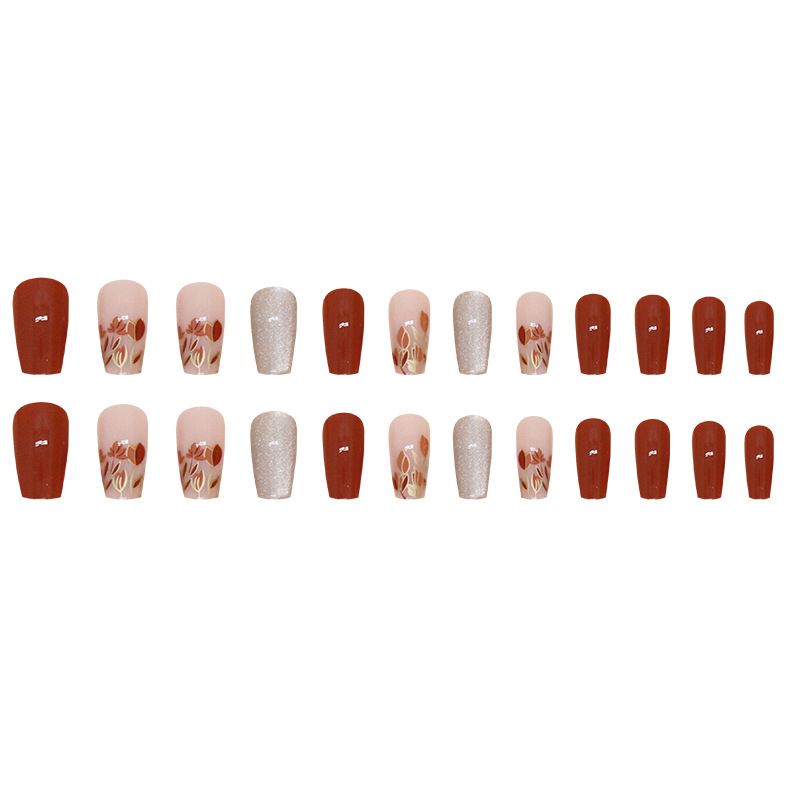 NEW 24pcs Square Wearable Fake Nails Reusable Stick On Nails Press on Full Cover False Nail Tips with Jelly Stickers Makeup Accessories Brown Color view 10