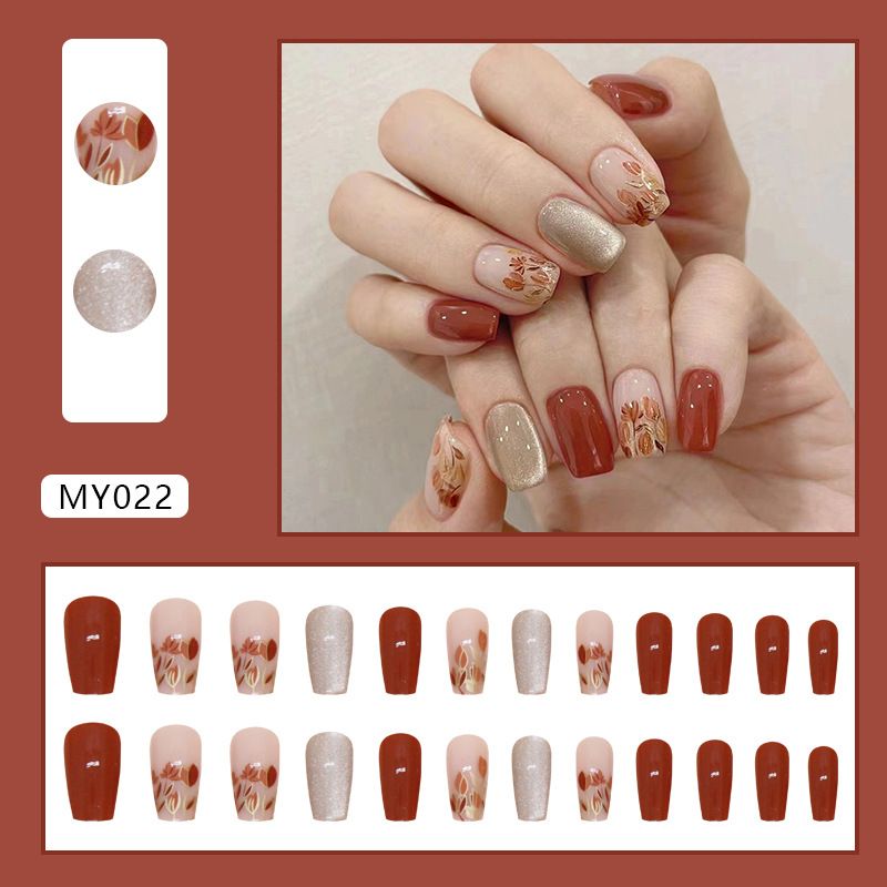 NEW 24pcs Square Wearable Fake Nails Reusable Stick On Nails Press on Full Cover False Nail Tips with Jelly Stickers Makeup Accessories Brown Color view 9