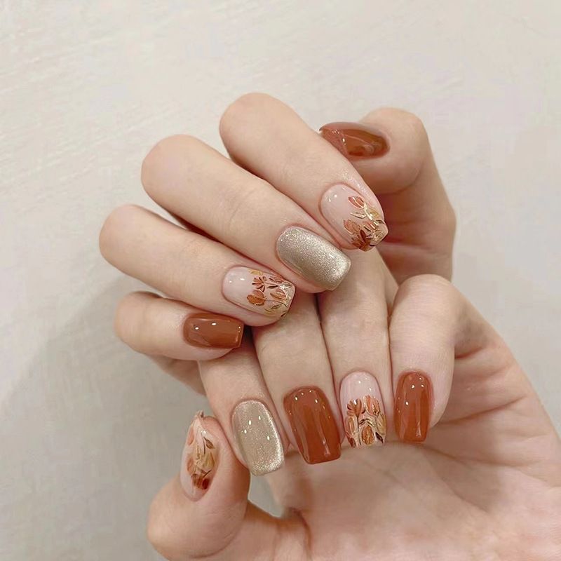 NEW 24pcs Square Wearable Fake Nails Reusable Stick On Nails Press on Full Cover False Nail Tips with Jelly Stickers Makeup Accessories Brown Color view 3