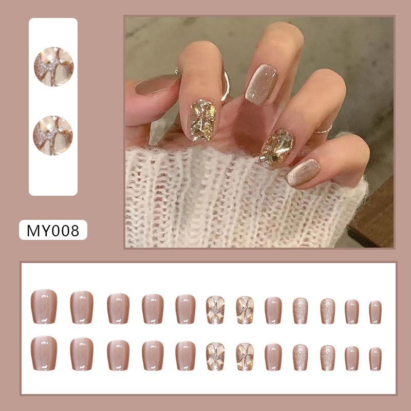 NEW 24pcs Square Wearable Fake Nails Reusable Stick On Nails Press on Full Cover False Nail Tips with Jelly Stickers Makeup Accessories Cat Eye Style view 4