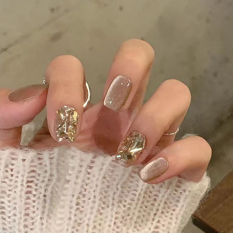 NEW 24pcs Square Wearable Fake Nails Reusable Stick On Nails Press on Full Cover False Nail Tips with Jelly Stickers Makeup Accessories Cat Eye Style