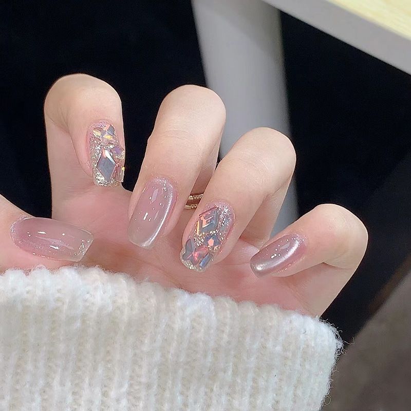 NEW 24pcs Square Wearable Fake Nails Reusable Stick On Nails Press on Full Cover False Nail Tips with Jelly Stickers Makeup Accessories Cat Eye Style view 2