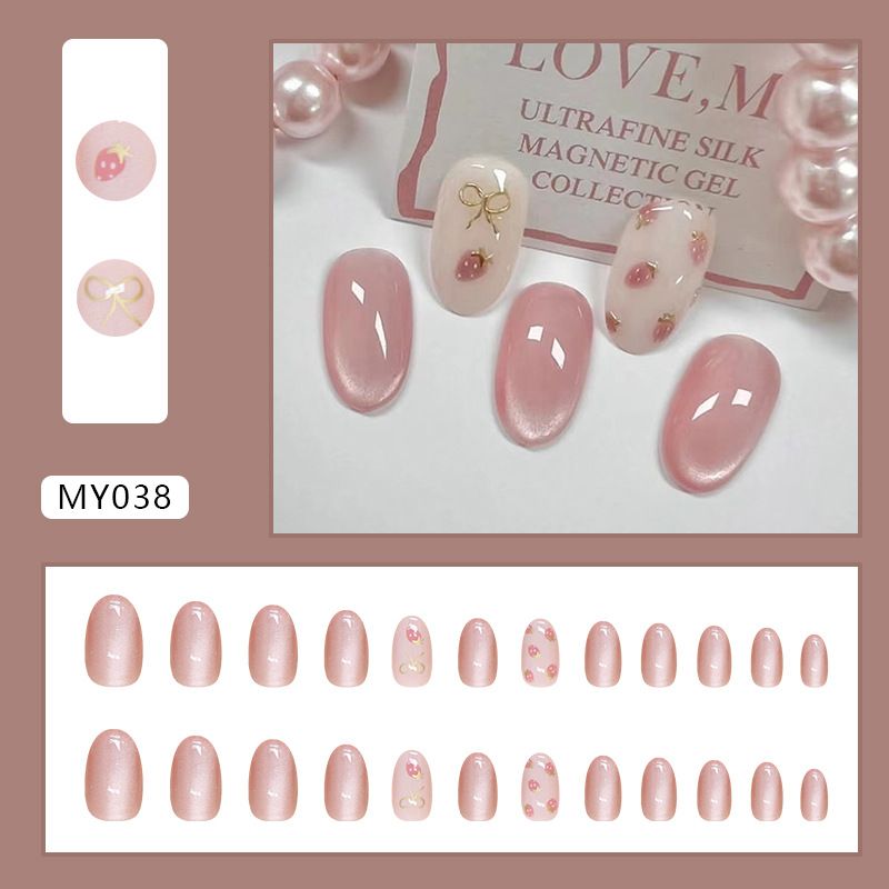 Wearable Fake Nails Reusable Stick On Nails Press on Full Cover False Nail Tips with Jelly Stickers Makeup Accessories Pink Cat Eye Style view 7