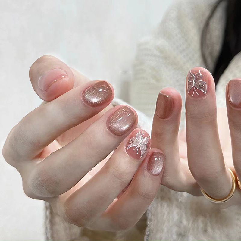 Wearable Fake Nails Reusable Stick On Nails Press on Full Cover False Nail Tips with Jelly Stickers Makeup Accessories Pink Cat Eye Style