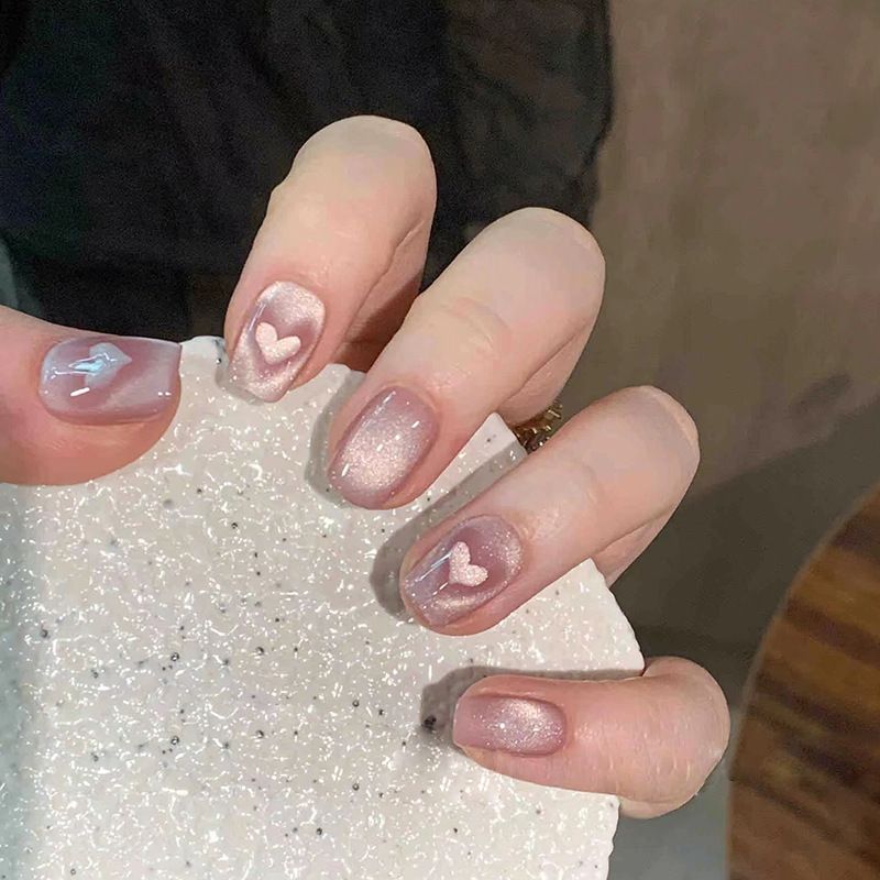 Wearable Fake Nails Reusable Stick On Nails Press on Full Cover False Nail Tips with Jelly Stickers Makeup Accessories Pink Cat Eye Style view 2