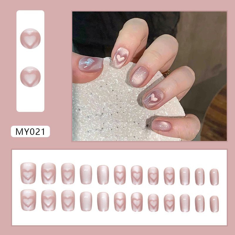 Wearable Fake Nails Reusable Stick On Nails Press on Full Cover False Nail Tips with Jelly Stickers Makeup Accessories Pink Cat Eye Style view 9