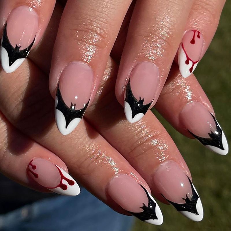 24pcs French Tip Almond Wearable Fake Nails Reusable Stick On Nails Press on Full Cover False Nail Tips with Jelly Stickers Makeup Accessories Black Color