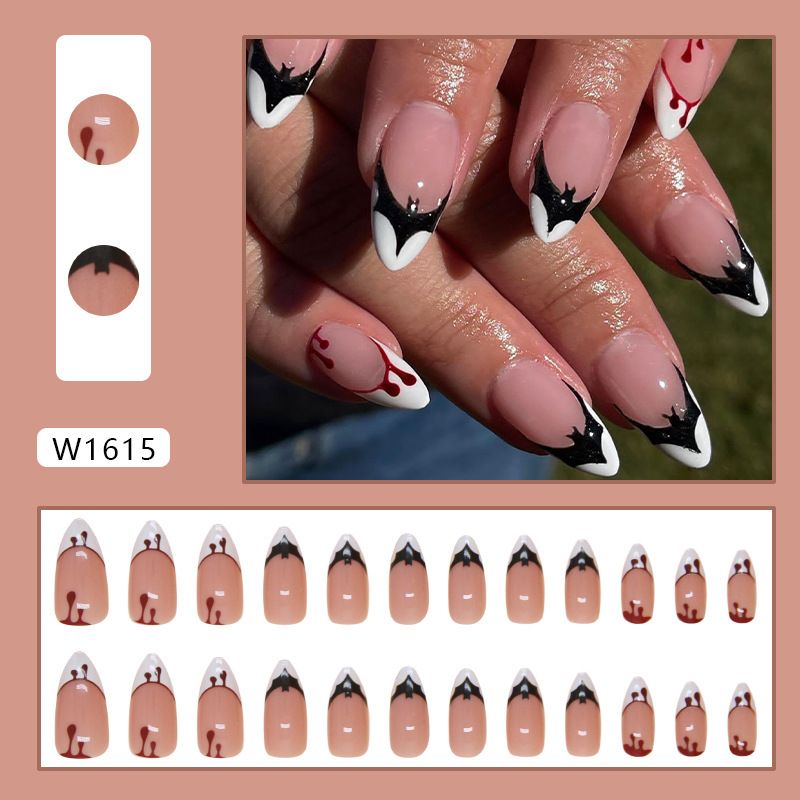 24pcs French Tip Almond Wearable Fake Nails Reusable Stick On Nails Press on Full Cover False Nail Tips with Jelly Stickers Makeup Accessories Black Color view 3