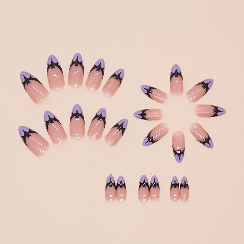 24pcs French Tip Almond Wearable Fake Nails Reusable Stick On Nails Press on Full Cover False Nail Tips with Jelly Stickers Makeup Accessories Black Color view 8