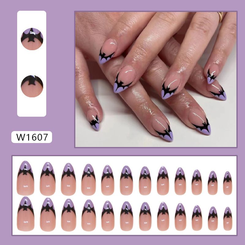 24pcs French Tip Almond Wearable Fake Nails Reusable Stick On Nails Press on Full Cover False Nail Tips with Jelly Stickers Makeup Accessories Black Color view 7