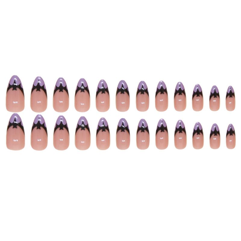 24pcs French Tip Almond Wearable Fake Nails Reusable Stick On Nails Press on Full Cover False Nail Tips with Jelly Stickers Makeup Accessories Black Color view 10