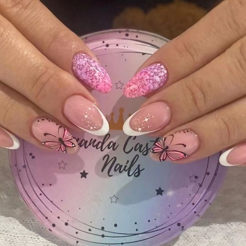 24pcs French Tip Almond Wearable Fake Nails Reusable Stick On Nails Press on Full Cover False Nail Tips with Jelly Stickers Makeup Accessories Butterfly