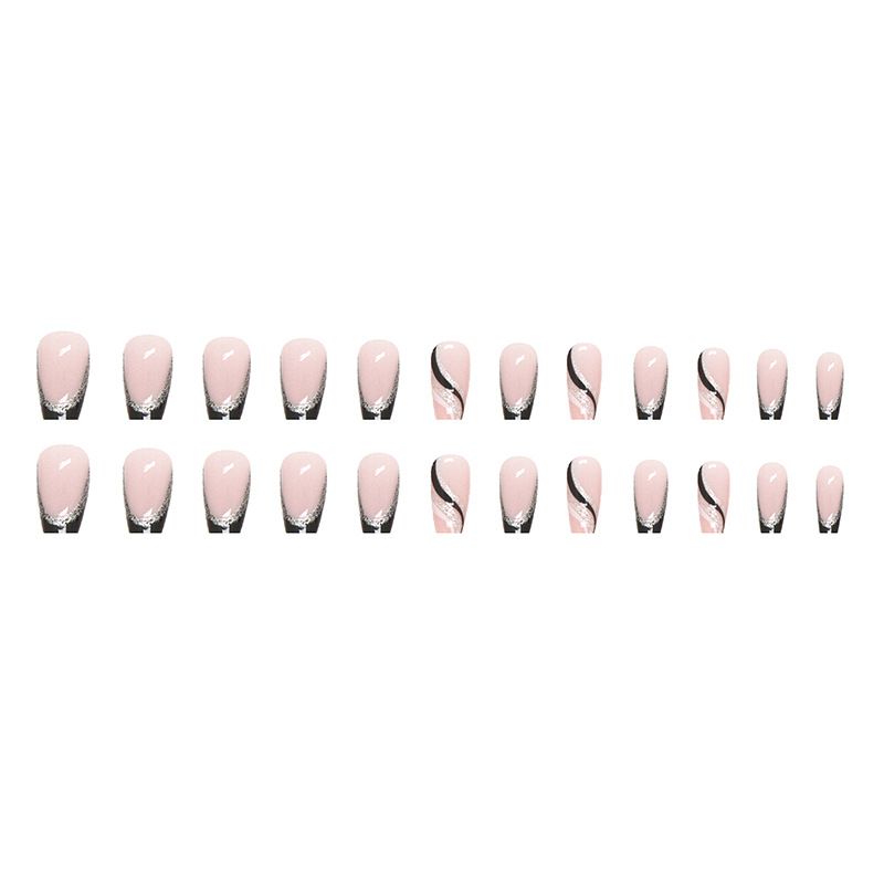 24pcs French Tip Square Wearable Fake Nails Reusable Stick On Nails Press on Full Cover False Nail Tips with Jelly Stickers Makeup Accessories Geometric Design