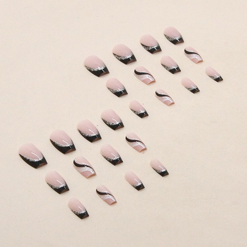 24pcs French Tip Square Wearable Fake Nails Reusable Stick On Nails Press on Full Cover False Nail Tips with Jelly Stickers Makeup Accessories Geometric Design