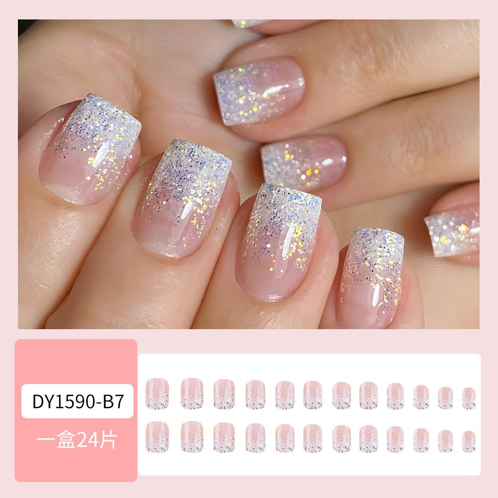 24pcs Shiny Square Wearable Fake Nails Reusable Stick On Nails Press on Full Cover False Nail Tips with Jelly Stickers Makeup Accessories French Tip  Glitter