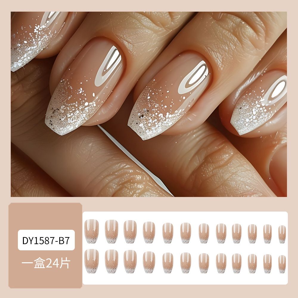 24pcs Shiny Square Wearable Fake Nails Reusable Stick On Nails Press on Full Cover False Nail Tips with Jelly Stickers Makeup Accessories French Tip  Glitter