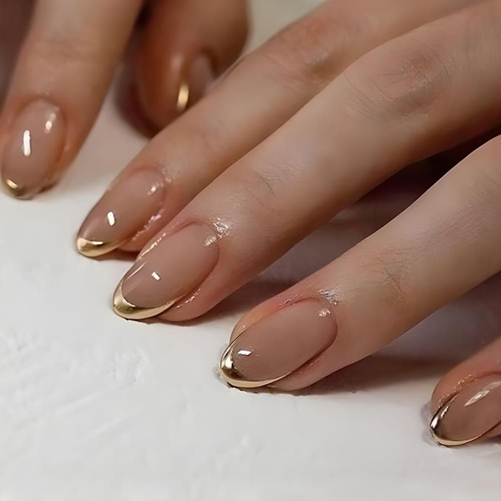 24pcs French Tip Wearable Fake Nails Reusable Stick On Nails Press on Full Cover False Nail Tips with Jelly Stickers Makeup Accessories Metallic Color