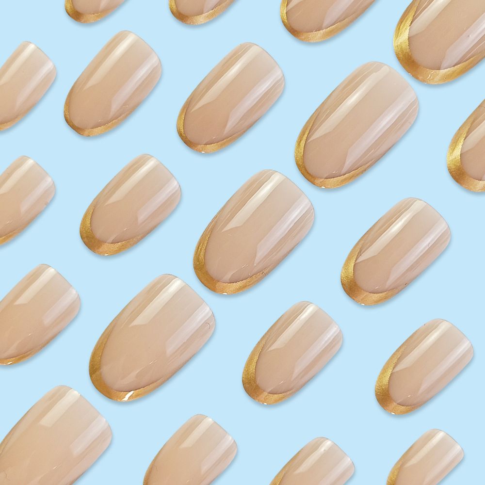24pcs French Tip Wearable Fake Nails Reusable Stick On Nails Press on Full Cover False Nail Tips with Jelly Stickers Makeup Accessories Metallic Color
