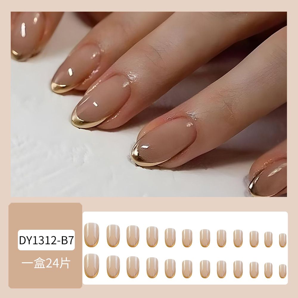24pcs French Tip Wearable Fake Nails Reusable Stick On Nails Press on Full Cover False Nail Tips with Jelly Stickers Makeup Accessories Metallic Color