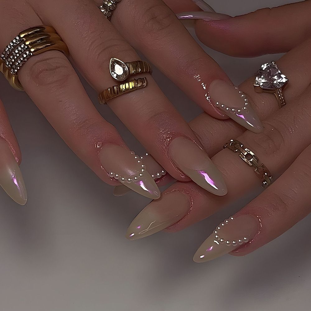 24pcs French Tip Pearl Wearable Fake Nails Reusable Stick On Nails Press on Full Cover False Nail Tips with Jelly Stickers Makeup Accessories